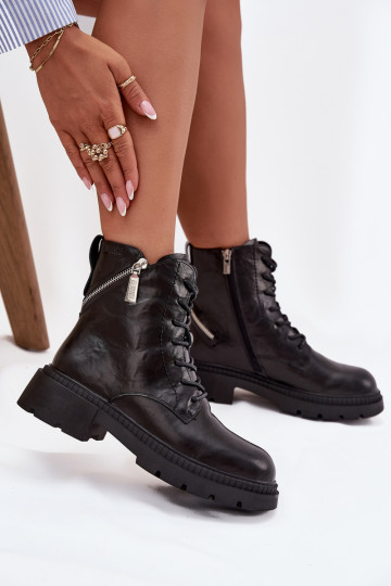 Botas de trabalho de couro para mulheres com tornozelo forradas, Big Star SS274452, cor preta