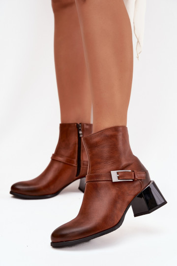 Botas de couro femininas com saltos e fivelas, Zazoo 60562, cor marrom 2