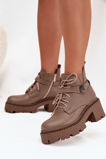 Botas de couro femininas com saltos decorados, forradas, Zazoo 60557, cor areia