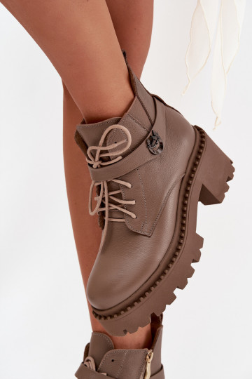 Botas de couro femininas com saltos decorados, forradas, Zazoo 60557, cor areia 2