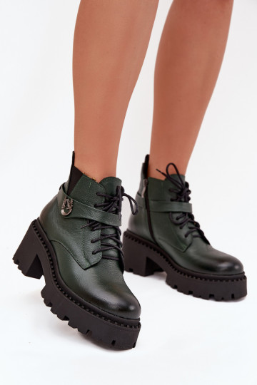 Botas de couro femininas com saltos decorados, forradas, Zazoo 60557, cor caqui