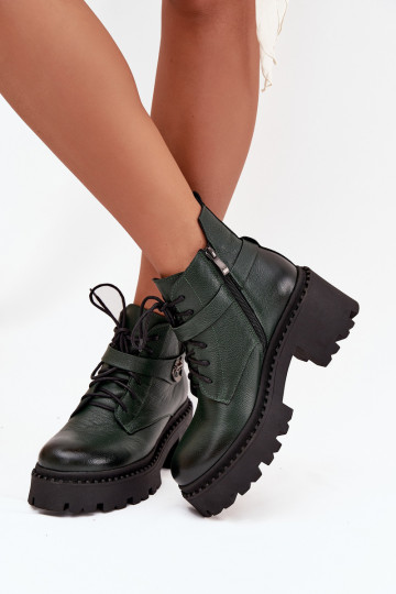 Botas de couro femininas com saltos decorados, forradas, Zazoo 60557, cor caqui 2
