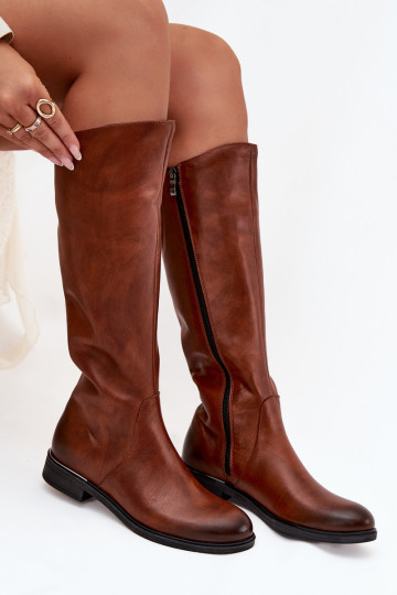 Pele botas femininas com salto largo aquecimento Zazoo 70150 cor marrom