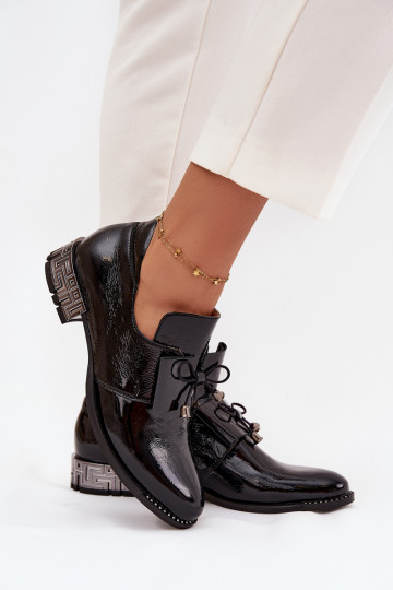 com efeito verniz sapato Feminino De salto baixo com fitas Zazoo 1399 cor preta