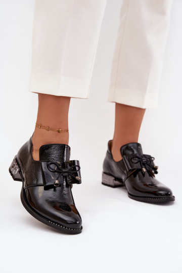 com efeito verniz sapato Feminino De salto baixo com fitas Zazoo 1399 cor preta 2