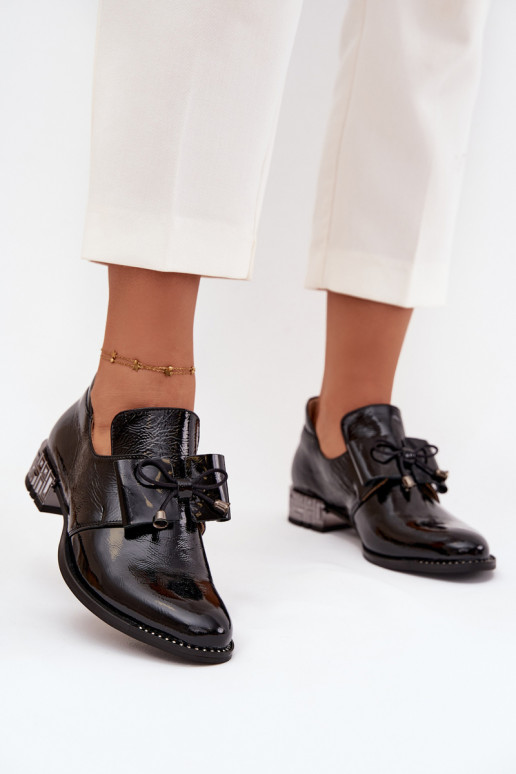 com efeito verniz sapato Feminino De salto baixo com fitas Zazoo 1399 cor preta