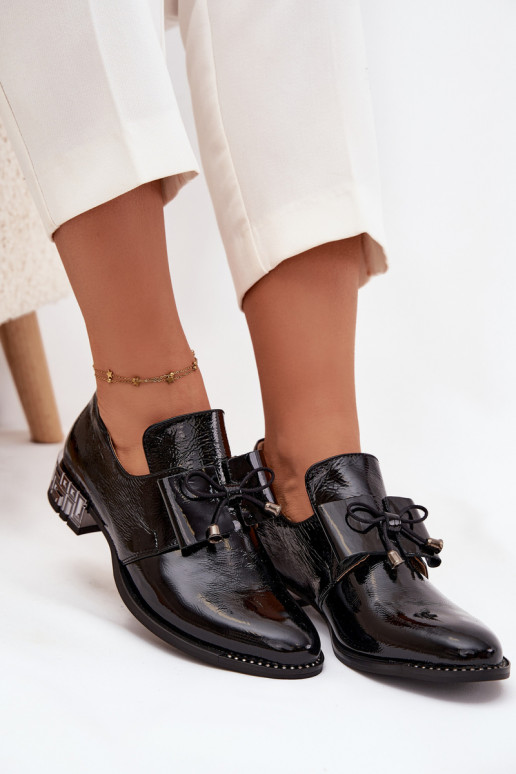 com efeito verniz sapato Feminino De salto baixo com fitas Zazoo 1399 cor preta