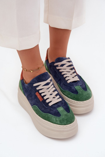 Tênis femininos de camurça com plataforma, Zazoo N1269S3, cor verde-azul escuro