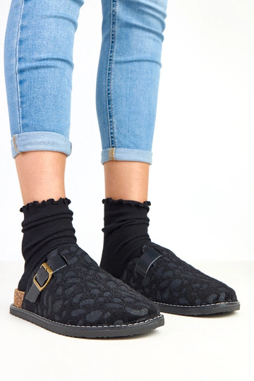 Chinelos femininos pretos com plataforma de cortiça, decorados com estampa de leopardo Diane