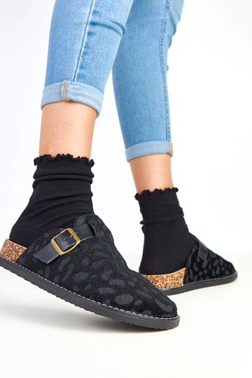 Chinelos femininos pretos com plataforma de cortiça, decorados com estampa de leopardo Diane 2