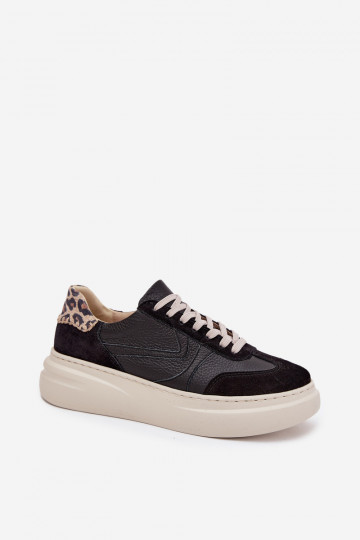 Botas de couro feminino estilo esportivo com plataforma e estampa de leopardo Zazoo N1263 na cor preta 2