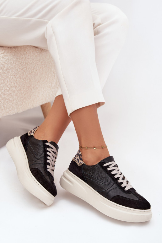 Pele À modalo de tênis Feminino com uma plataforma com padrões de pele de leopardo Zazoo N1263 cor preta Pele À modalo de tênis Feminino com uma plataforma com padrões de pele de leopardo Zazoo N1263 cor preta