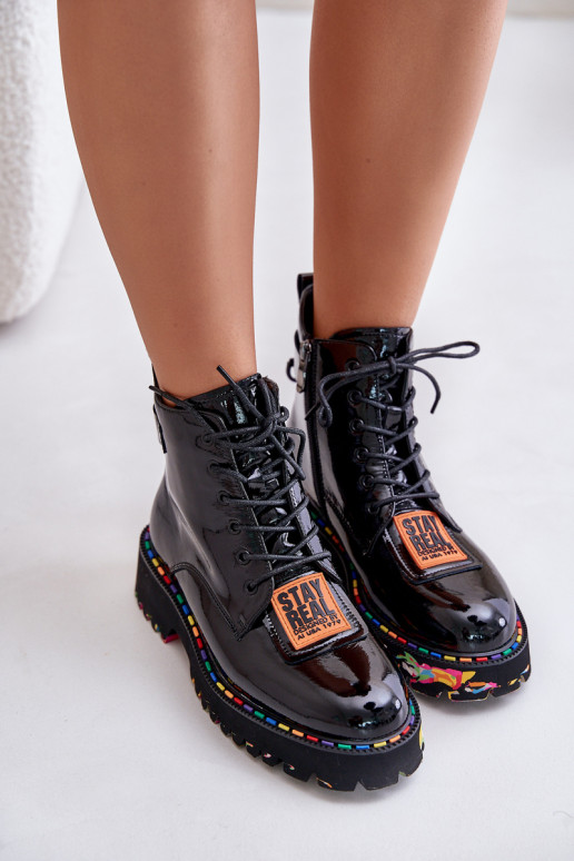 com efeito verniz Botas sapato Feminino Casal o castelo Pele Artiker 55C0517 cor preta