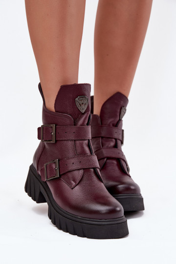 Botins de couro femininos quentes com fivelas e detalhes decorativos Zazoo 60482 bordô