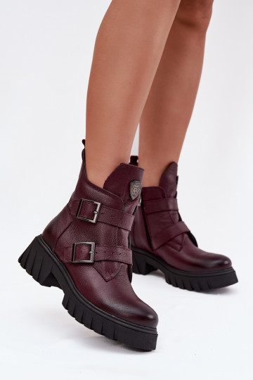 Botins de couro femininos quentes com fivelas e detalhes decorativos Zazoo 60482 bordô 2
