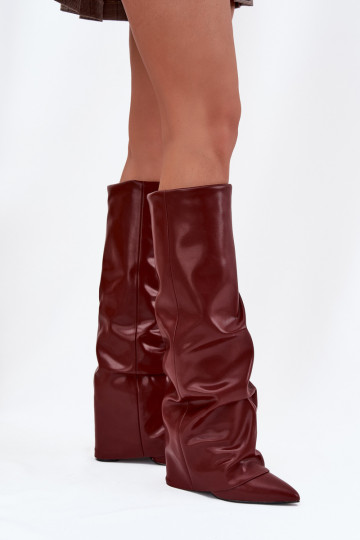 Botas de cano alto femininos aquecidos com cholewa costurada e saltos, cor bordô, Elivira