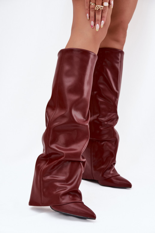 Botas de cano alto femininos aquecidos com cholewa costurada e saltos, cor bordô, Elivira Botas de cano alto femininos aquecidos com cholewa costurada e saltos, cor bordô, Elivira