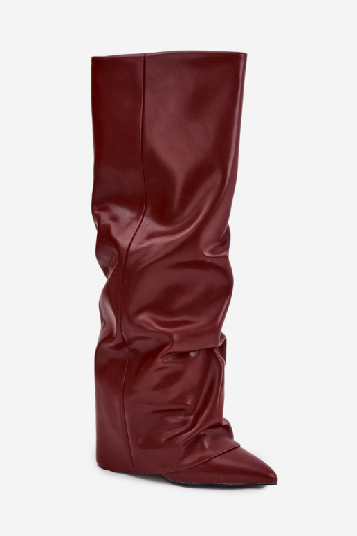 Botas de cano alto femininos aquecidos com cholewa costurada e saltos, cor bordô, Elivira Botas de cano alto femininos aquecidos com cholewa costurada e saltos, cor bordô, Elivira