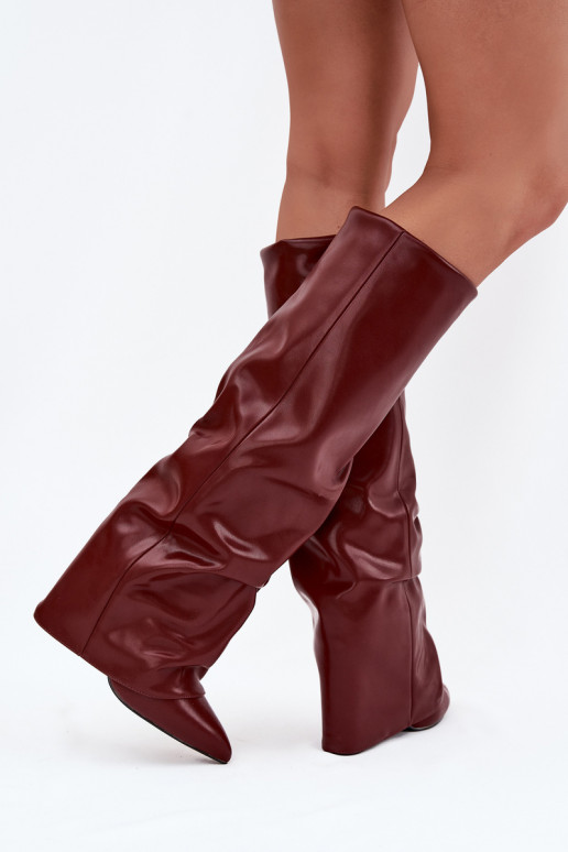 Botas de cano alto femininos aquecidos com cholewa costurada e saltos, cor bordô, Elivira Botas de cano alto femininos aquecidos com cholewa costurada e saltos, cor bordô, Elivira