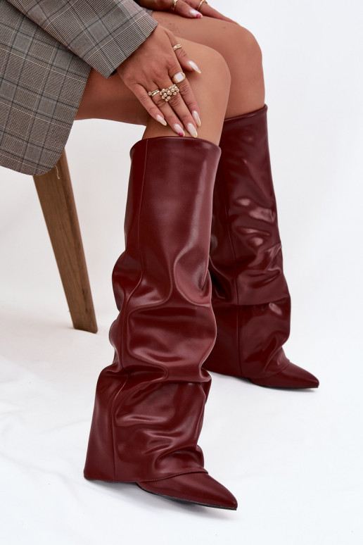 Botas de cano alto femininos aquecidos com cholewa costurada e saltos, cor bordô, Elivira Botas de cano alto femininos aquecidos com cholewa costurada e saltos, cor bordô, Elivira