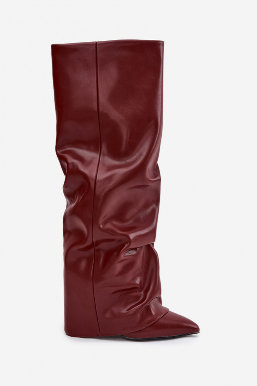 Botas de cano alto femininos aquecidos com cholewa costurada e saltos, cor bordô, Elivira Botas de cano alto femininos aquecidos com cholewa costurada e saltos, cor bordô, Elivira