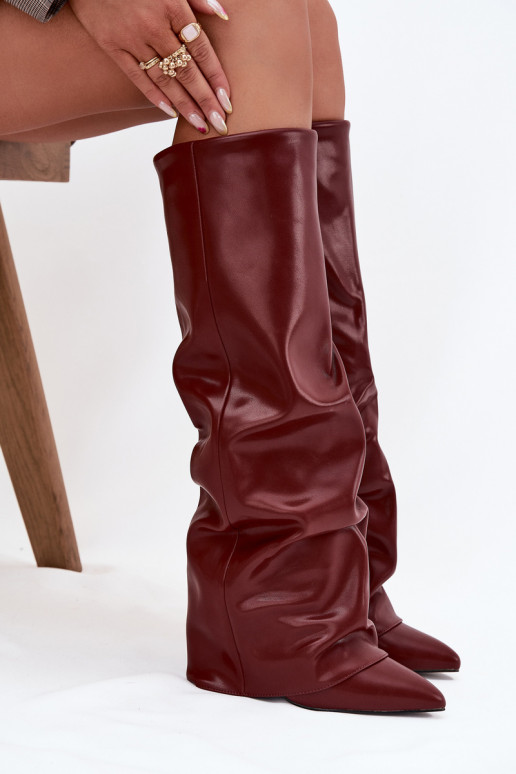 Botas de cano alto femininos aquecidos com cholewa costurada e saltos, cor bordô, Elivira Botas de cano alto femininos aquecidos com cholewa costurada e saltos, cor bordô, Elivira