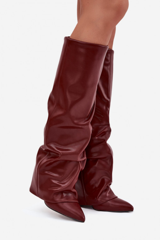 Botas de cano alto femininos aquecidos com cholewa costurada e saltos, cor bordô, Elivira Botas de cano alto femininos aquecidos com cholewa costurada e saltos, cor bordô, Elivira