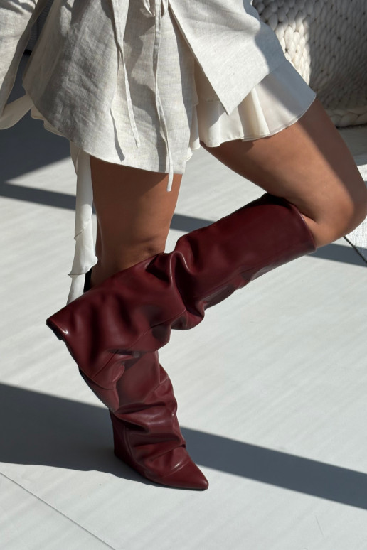 Botas de cano alto femininos aquecidos com cholewa costurada e saltos, cor bordô, Elivira Botas de cano alto femininos aquecidos com cholewa costurada e saltos, cor bordô, Elivira
