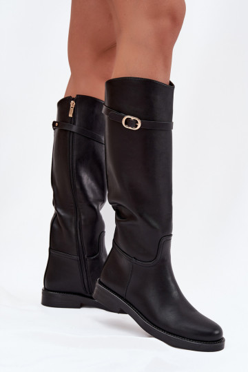 Botas de cano alto femininos com saltos largos, tiras e fivelas douradas, cor preta, Sylvena