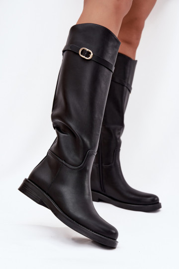 Botas de cano alto femininos com saltos largos, tiras e fivelas douradas, cor preta, Sylvena 2