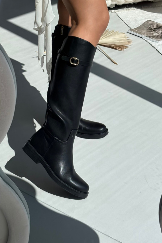 Botas de cano alto femininos com saltos largos, tiras e fivelas douradas, cor preta, Sylvena