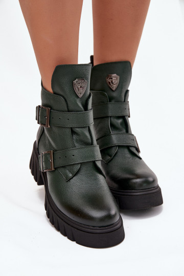 Botas de couro forradas para mulheres com fivelas e detalhes adornados, Zazoo 60482, cor caqui