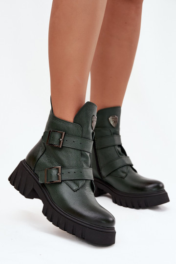 Botas de couro forradas para mulheres com fivelas e detalhes adornados, Zazoo 60482, cor caqui 2