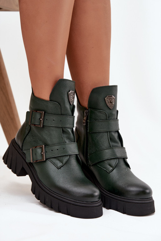 Botas de couro forradas para mulheres com fivelas e detalhes adornados, Zazoo 60482, cor caqui Botas de couro forradas para mulheres com fivelas e detalhes adornados, Zazoo 60482, cor caqui