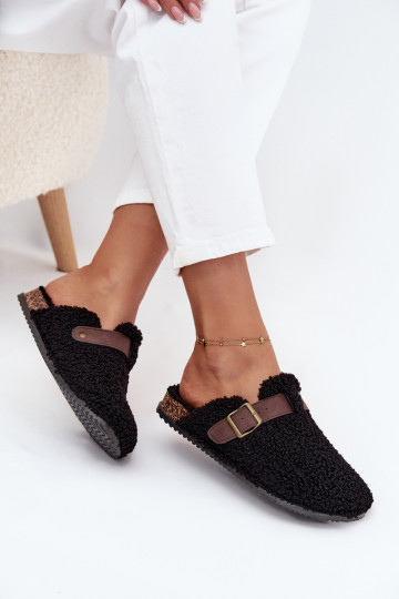 Chinelos femininos com pelagem tipo lã de ovelha, cor preta Lorivine