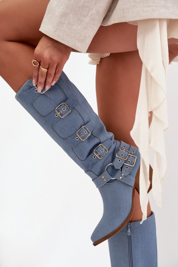 Botas longas de estilo cowboy com saltos e fivelas em jeans, Fivelle