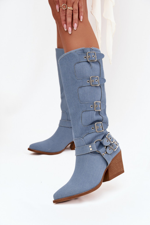 Botas longas de estilo cowboy com saltos e fivelas em jeans, Fivelle