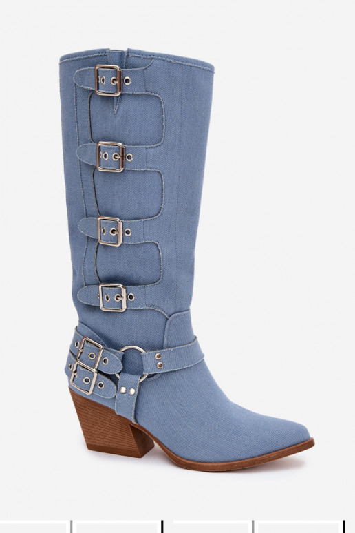 Botas longas de estilo cowboy com saltos e fivelas em jeans, Fivelle