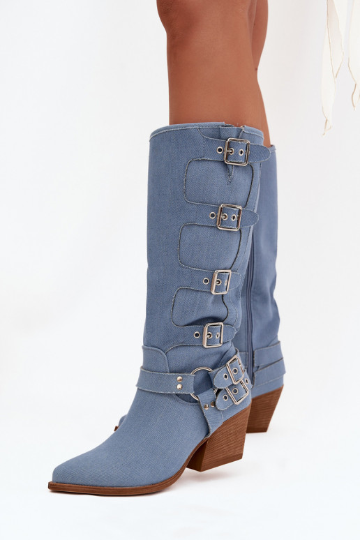 Botas longas de estilo cowboy com saltos e fivelas em jeans, Fivelle