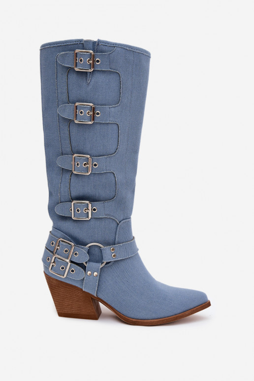 Botas longas de estilo cowboy com saltos e fivelas em jeans, Fivelle