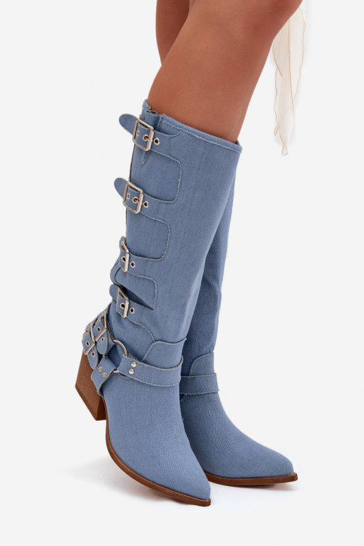 Botas longas de estilo cowboy com saltos e fivelas em jeans, Fivelle