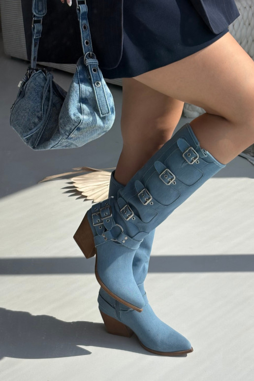 Botas longas de estilo cowboy com saltos e fivelas em jeans, Fivelle