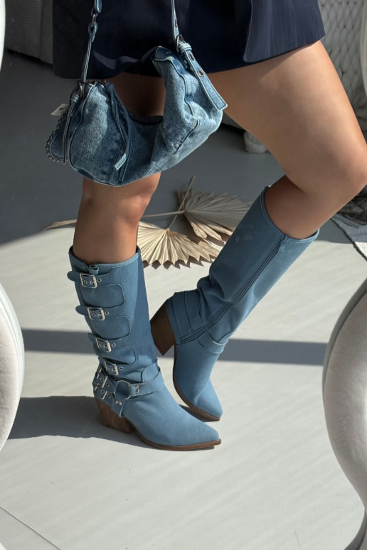 Botas longas de estilo cowboy com saltos e fivelas em jeans, Fivelle