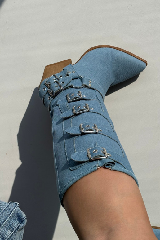 Botas longas de estilo cowboy com saltos e fivelas em jeans, Fivelle