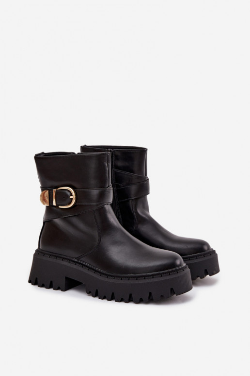 aquecimento Botas femininas com fivelas douradas cor preta Elanore