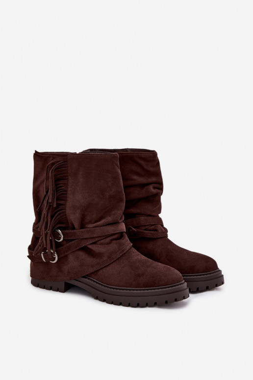 aquecimento Botas femininas com franjas I Klarami com salto largo CzekoladoParae Helianne