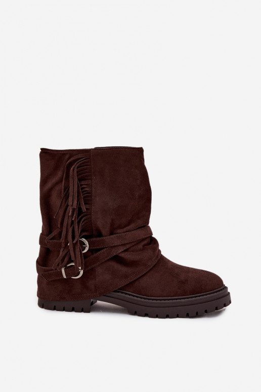 aquecimento Botas femininas com franjas I Klarami com salto largo CzekoladoParae Helianne