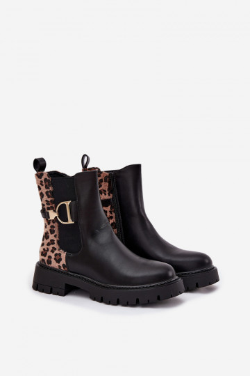 Botas femininas quentes e estilosas curtas com detalhes dourados e estampa de leopardo, na cor preta Priscilla