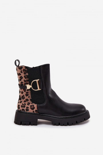 Botas femininas quentes e estilosas curtas com detalhes dourados e estampa de leopardo, na cor preta Priscilla 2