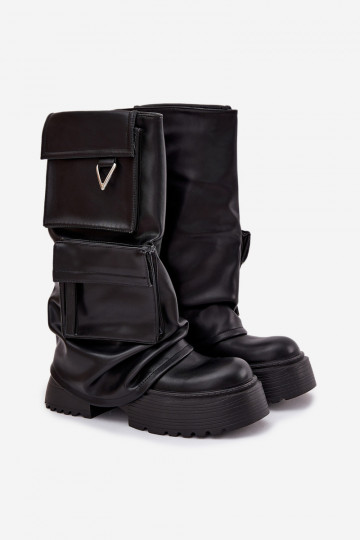 Botas femininas slip-on quentes longas com plataforma e bolsos, na cor preta Clarinda 2